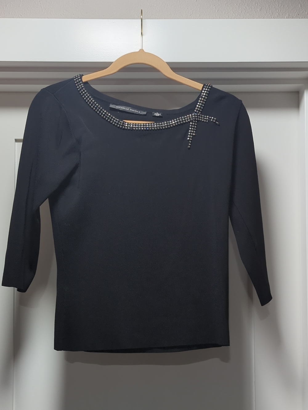 Michelle Nicole Black Three-Quarter Sleeve Embellished Neck Top
